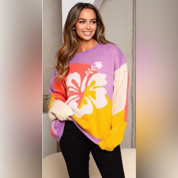 Guava Rose Flower Oversized Relaxed Fit Knit Sweater - Picture 4 of 6